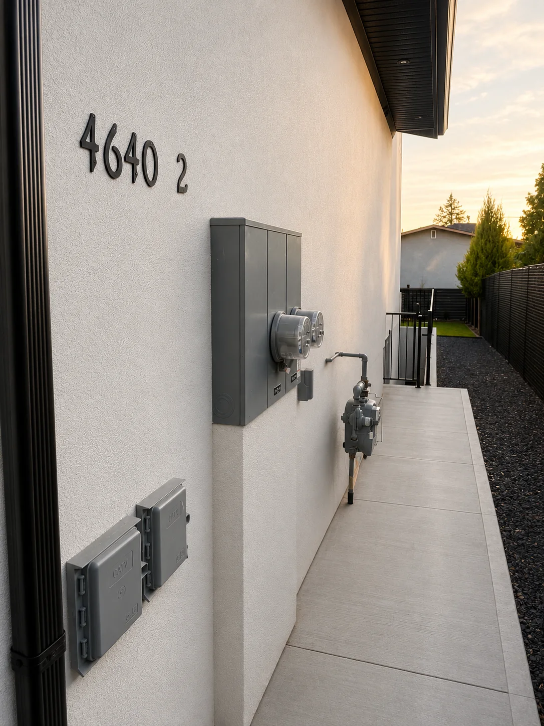 Exterior walkway showing the suite address