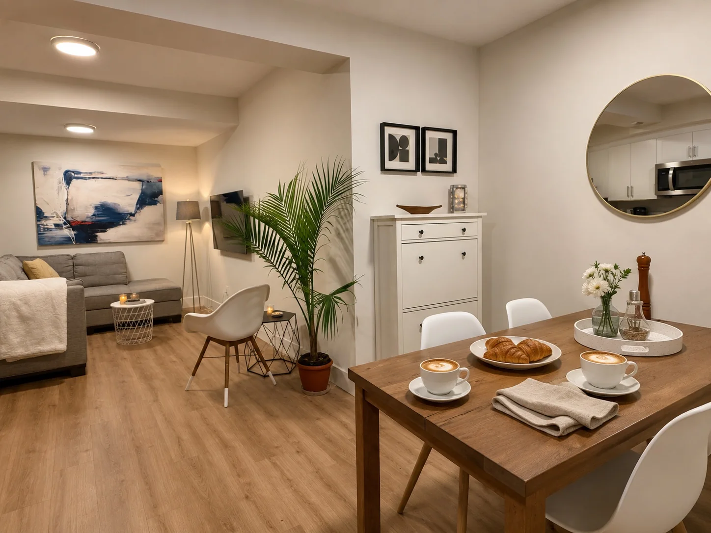 Dining table with cappuccinos and croissants