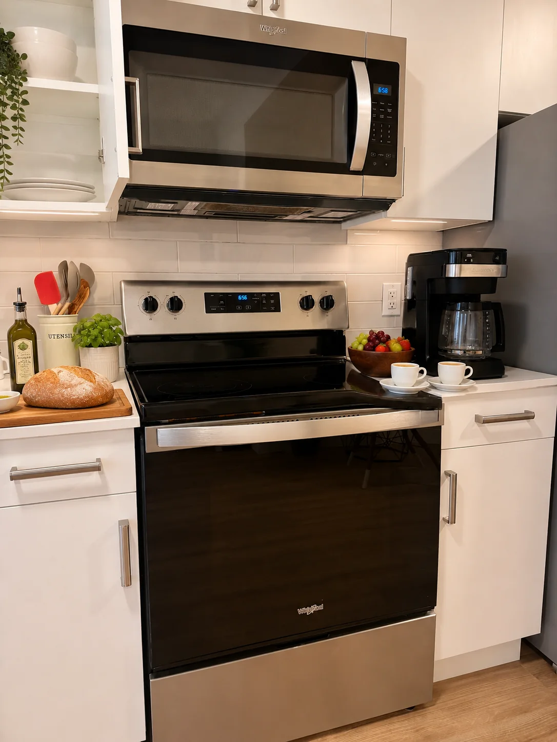 Kitchen with coffee station and fresh bread